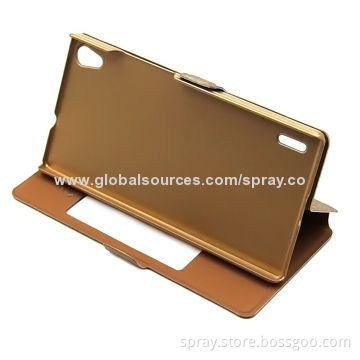 Luxury Champagne PU Leather Folio Cases for Mobile Phone, with Front Clear Window and Stand